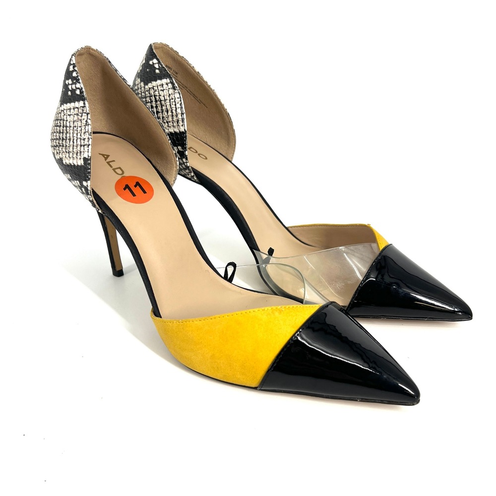 Aldo Moonglow Pumps Yellow Black Snakeskin Clear d'Orsay Stiletto Heels 11M